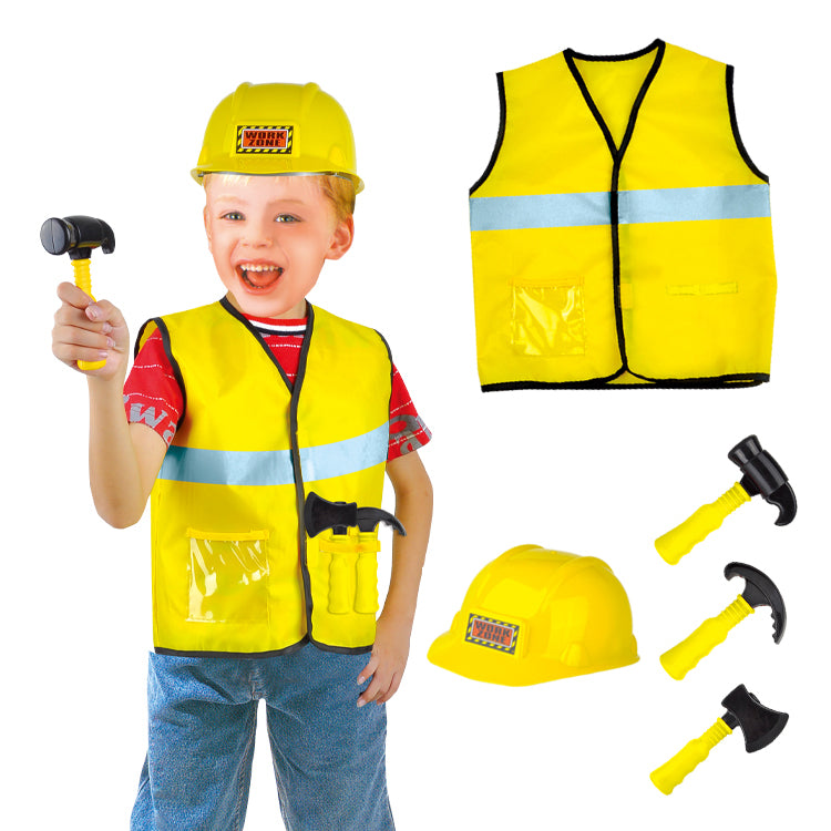 Construction Worker Yellow Role Play Costume With Helmet & Tools