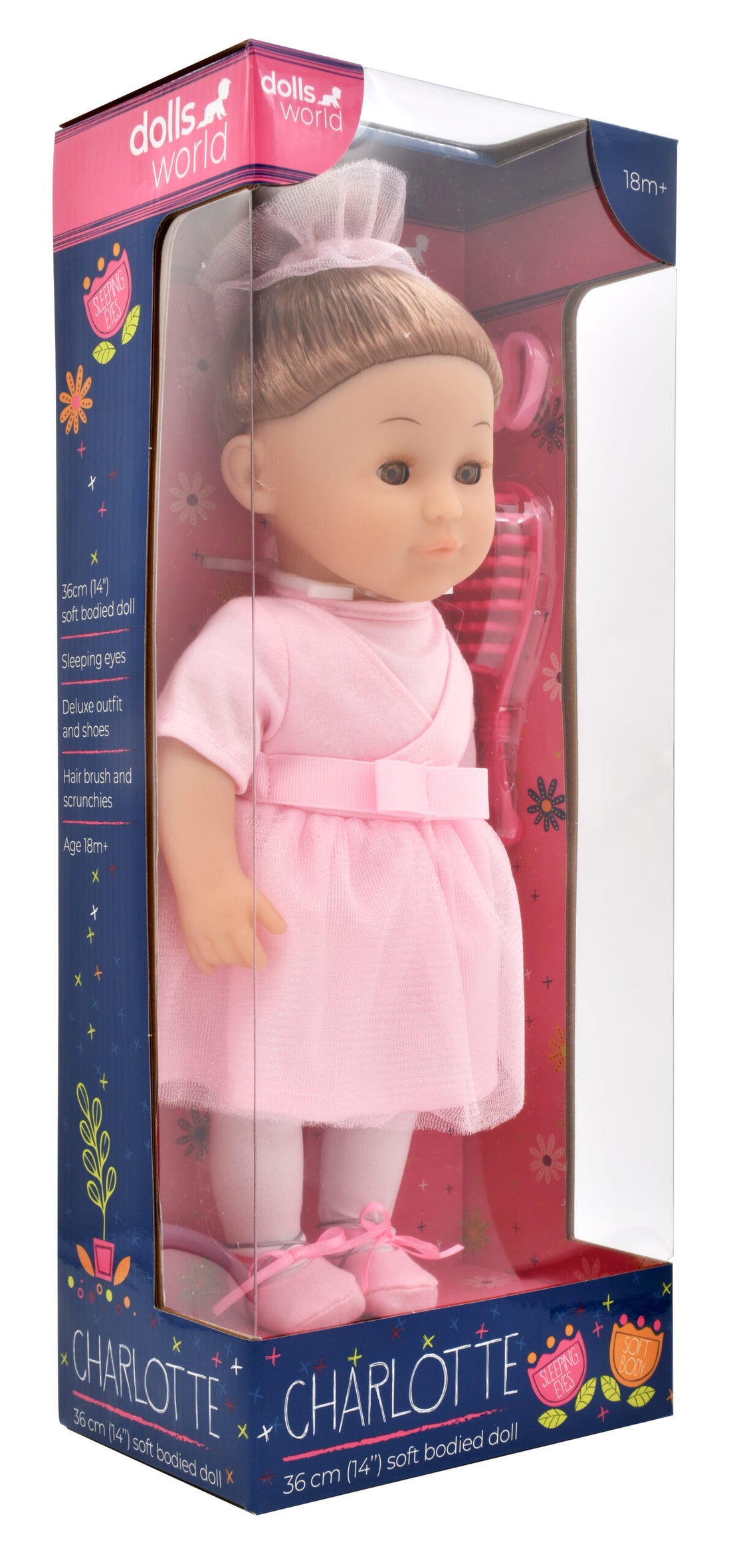 Dollsworld Charlotte Doll Ballerina Pink Outfit With Brunette Bun Hair