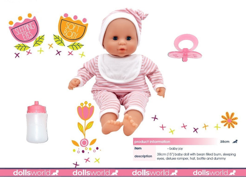 Dollsworld Baby Joy Doll 38cm (15”) – Pink Outfit– Soft Body & Sleeping Eyes