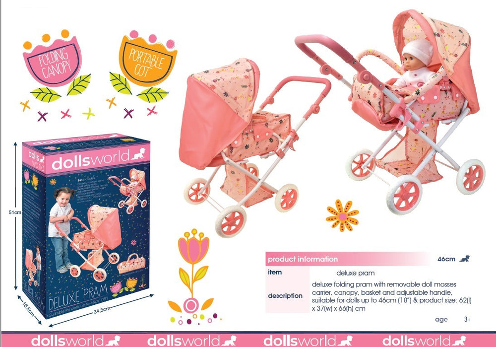 Dollsworld Pink Deluxe Dolls Stroller Pram With Removable Carry Cot -