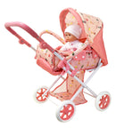 Dollsworld Pink Deluxe Dolls Stroller Pram With Removable Carry Cot - Flower Print Design