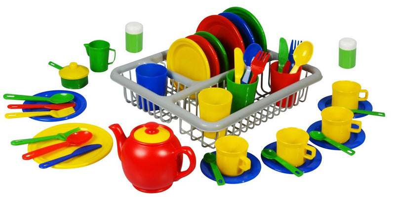Pretend Play Kids Tea & Dinner Party Set with Drainer Rack - 43 Pieces Boxed