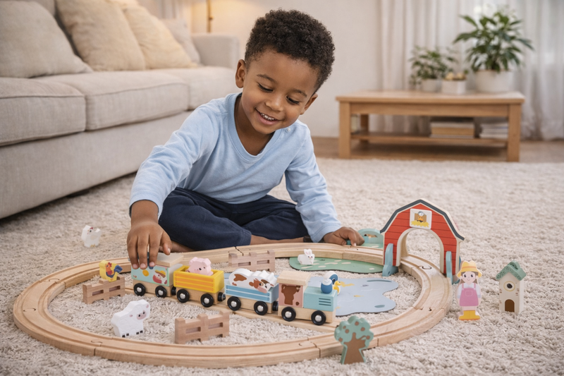 Zookabee Wooden Farm Train Set With Accessories - 34 Piece