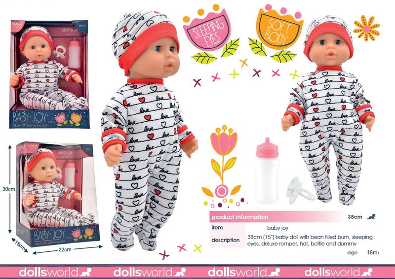 Dollsworld Baby Joy Doll 38cm (15”) – Heart Outfit – Soft Body & Sleeping Eyes