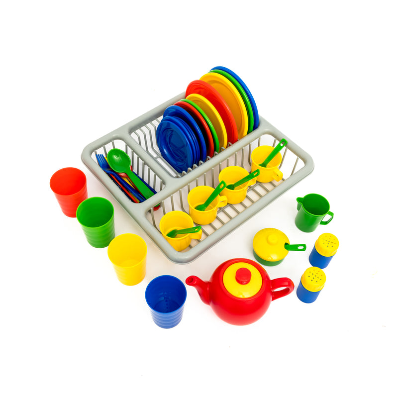 Pretend Play Kids Tea & Dinner Party Set with Drainer Rack - 43 Pieces Boxed