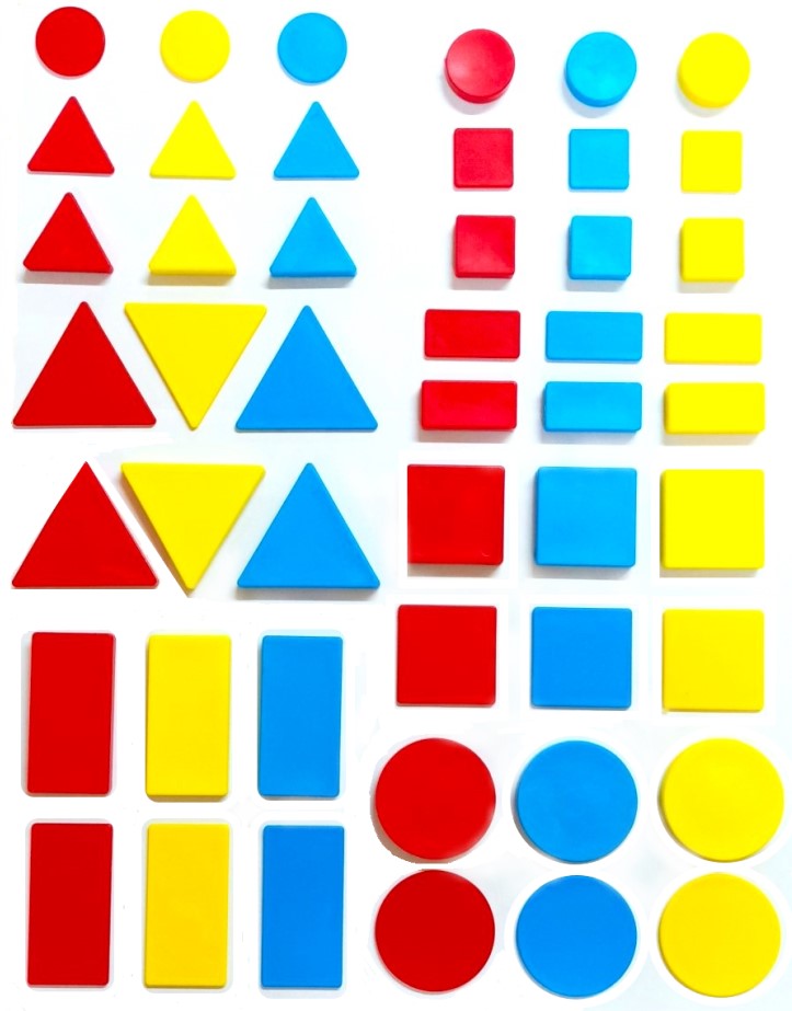 Maths Attribute Blocks 48 Pieces - 4 Shapes, 3 Colours, 2 Sizes, 2 Thickness