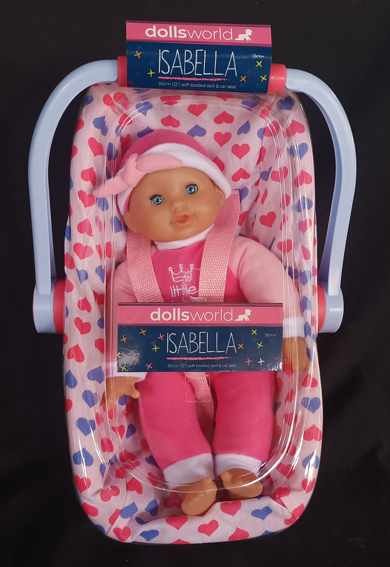 Dollsworld Issabella Sleeping Doll  in Car Seat Carrier 30cm (12")