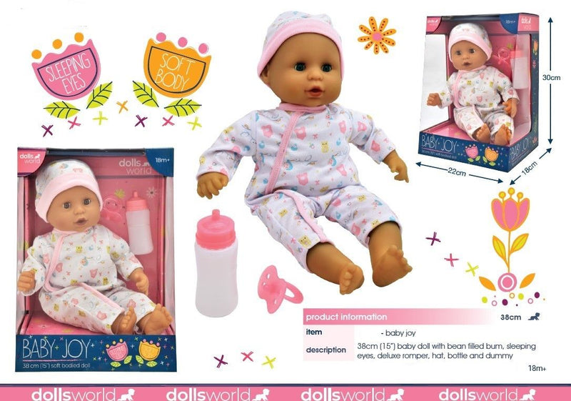 Dollsworld Baby Joy Doll 38cm (15”) – Stork Outfit– Soft Body & Sleeping Eyes