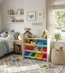 9 Bin Storage Organiser with Top Shelf and Wooden Frame