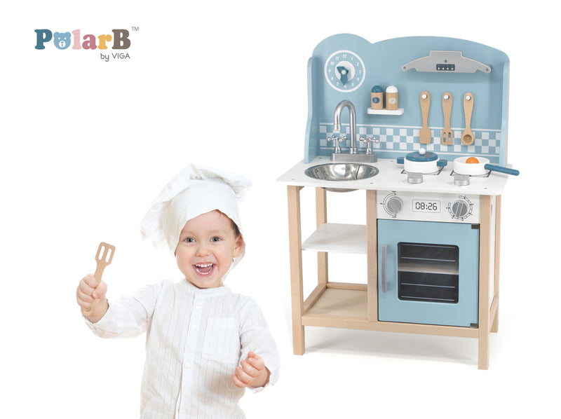 Viga Wooden Toy Kitchen With Sink, Stove & Accessories Blue (7015832584347)