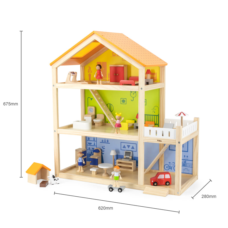 Viga  Three Story Furnished Wooden Dollhouse (7265079034011)