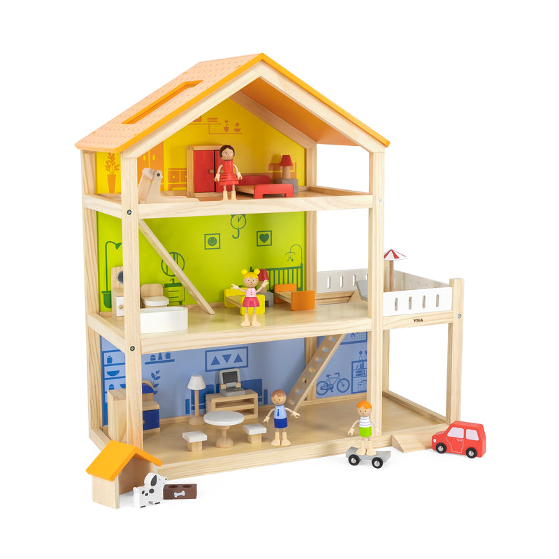 Viga  Three Story Furnished Wooden Dollhouse (7265079034011)
