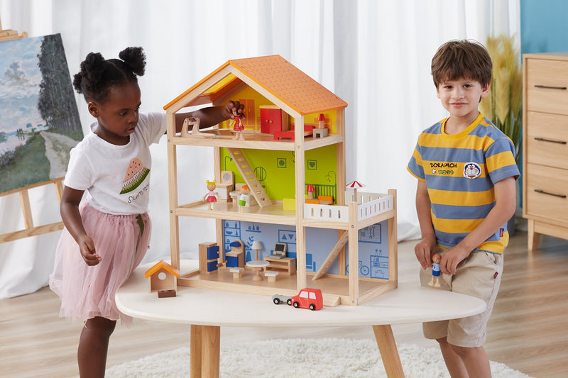 Viga  Three Story Furnished Wooden Dollhouse (7265079034011)