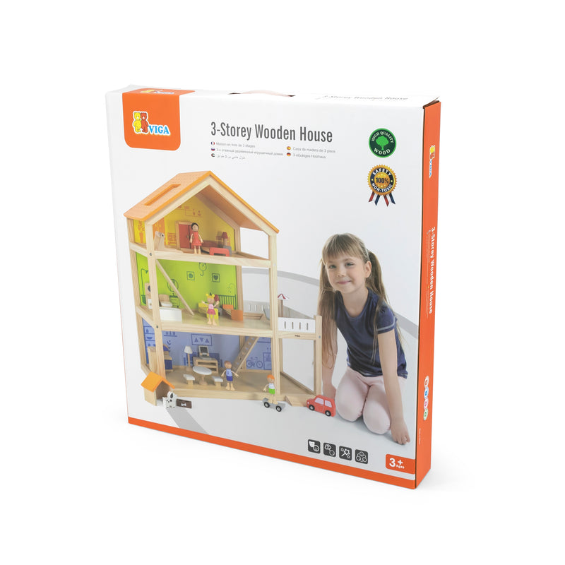 Viga  Three Story Furnished Wooden Dollhouse (7265079034011)