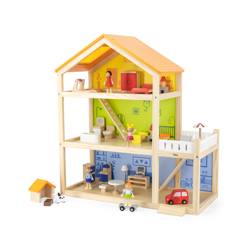 Viga  Three Story Furnished Wooden Dollhouse (7265079034011)