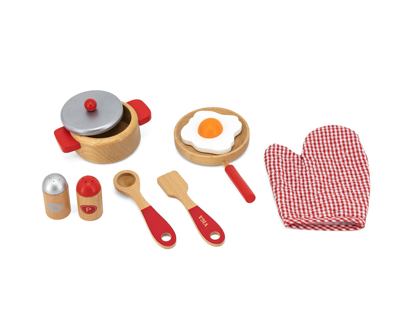 Viga - Red Cooking Set (Pot  Pan  Egg  Glove  Utensils) Wooden Toy Kitchen Accessory