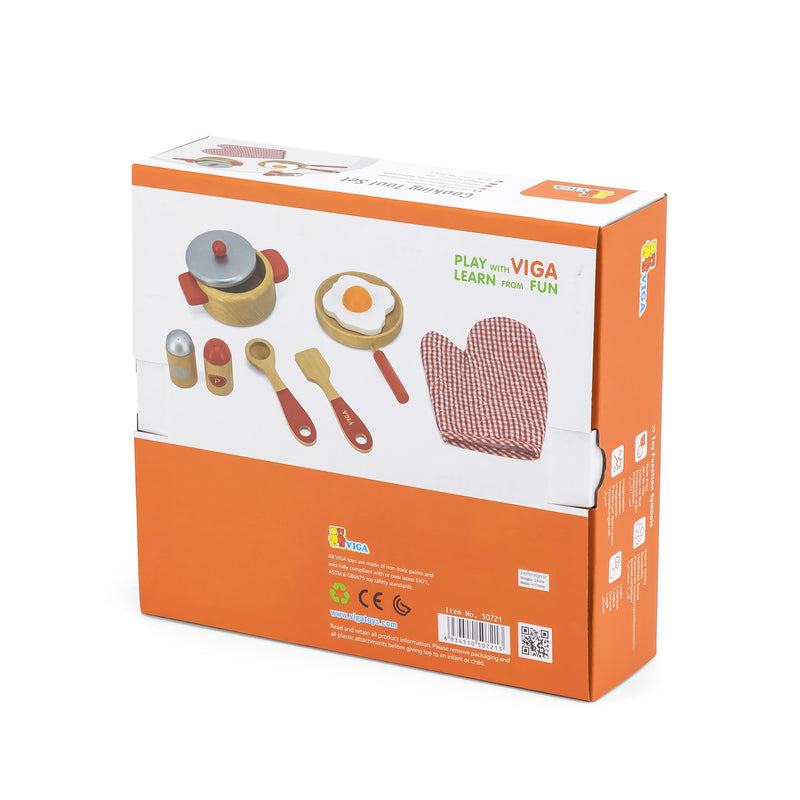 Viga - Red Cooking Set (Pot  Pan  Egg  Glove  Utensils) Wooden Toy Kitchen Accessory