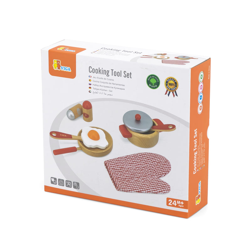 Viga - Red Cooking Set (Pot  Pan  Egg  Glove  Utensils) Wooden Toy Kitchen Accessory