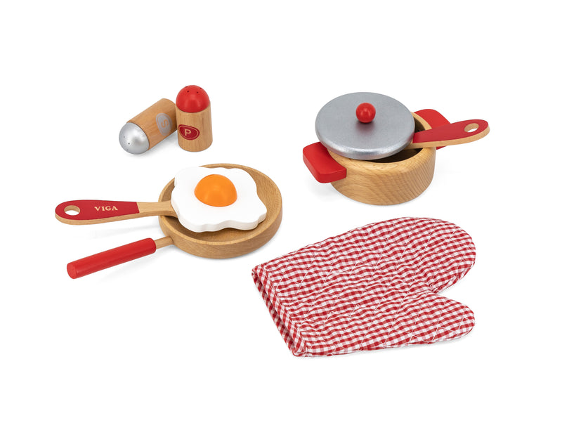 Viga - Red Cooking Set (Pot  Pan  Egg  Glove  Utensils) Wooden Toy Kitchen Accessory