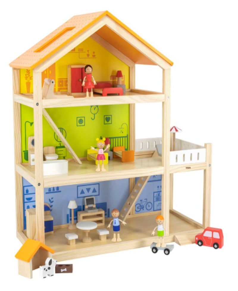 Viga  Three Story Furnished Wooden Dollhouse (7265079034011)