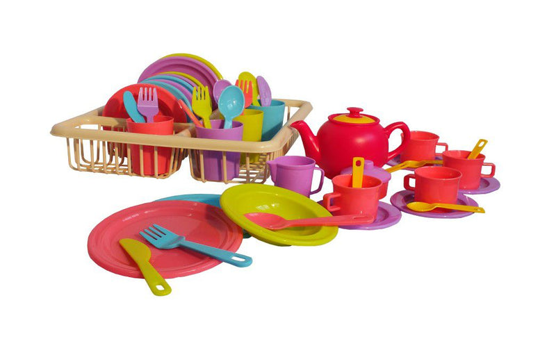 Pretend Play Kids Pastel Tea & Dinner Party Set in Drainer Rack - 47 Pieces (7401001975963)