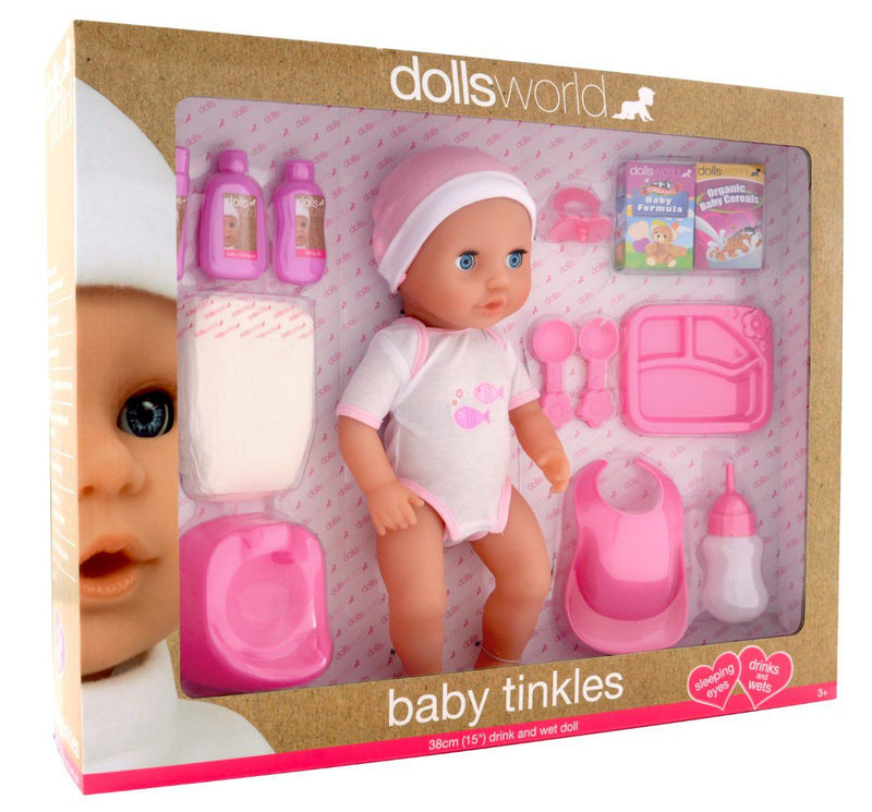 Dollsworld - Baby Tinkles Doll (Drink & Wet, Outfit, Bottle, Potty, Nappy, Bib, & Feeding Set)- 38Cm (15") (6899318063259)